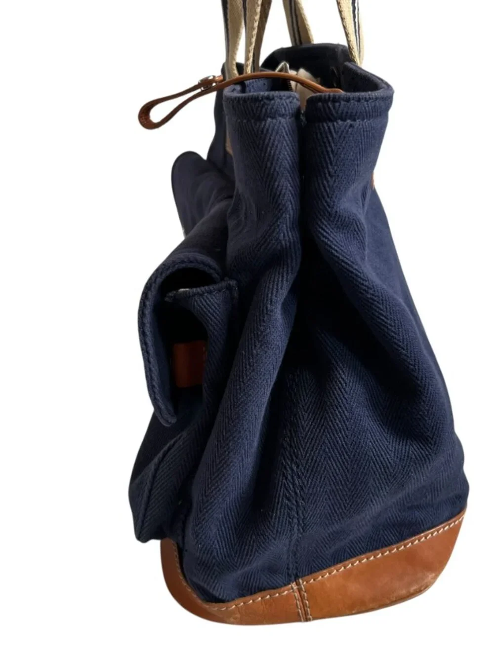 Pottery Barn Kids tote bag diaper navy blue canvas brown leather